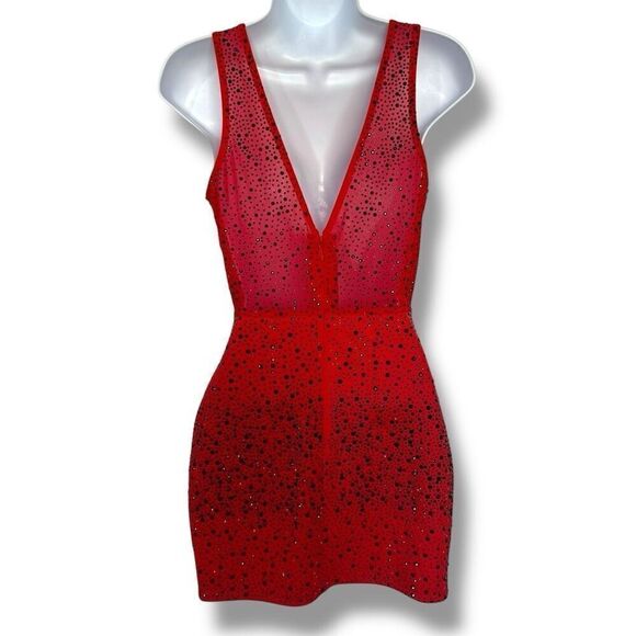 Gold Label Red Black Beaded Sleeveless Bodycon Mini Dress (S) - Picture 4 of 9
